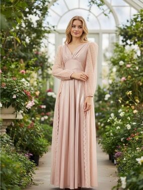 Blush Pink V-Neck Maxi Dress with Sheer Lace Sleeves